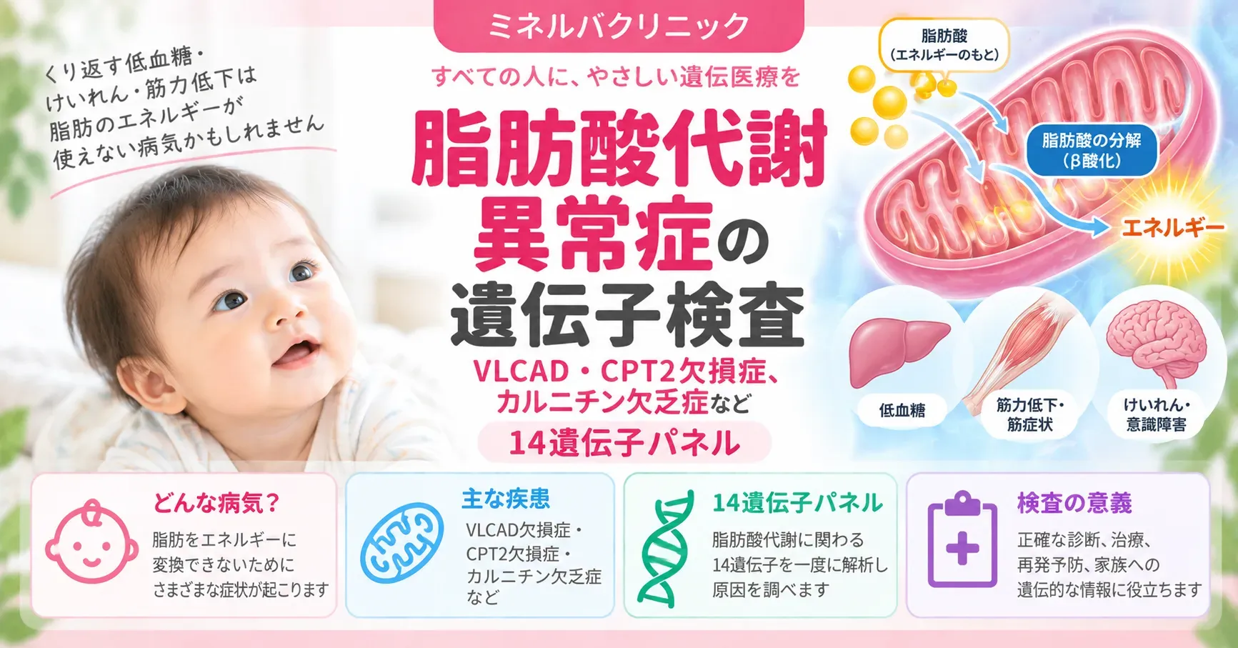 脂肪酸代謝異常症の遺伝子検査｜VLCAD・CPT2欠損症、カルニチン欠乏症など14遺伝子パネル