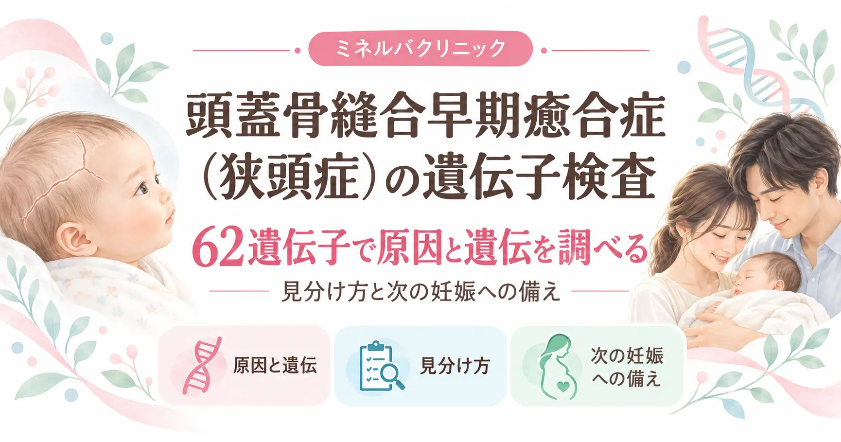 頭蓋骨縫合早期癒合症（狭頭症）の遺伝子検査｜62遺伝子で原因と遺伝を調べる・見分け方と次の妊娠への備え