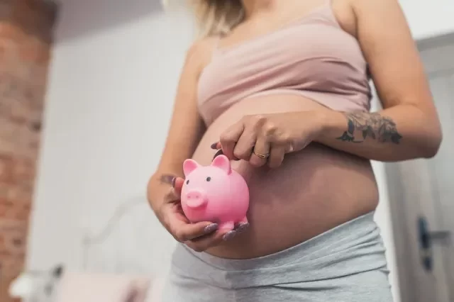 妊娠中の女性が貯金箱にお金を入れて、接写。 高品質の写真