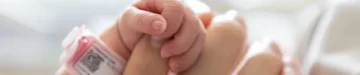 生まれたばかりの赤ちゃんの手は、お母さんの人差し指を握ります。 コンセプト: 入院中の未熟児または早産児。 母親と赤ちゃんの関係。