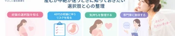 40代で妊娠し、出産するか人工妊娠中絶を選ぶか迷っている人に向けて、妊娠の選択肢、年齢に伴う妊娠リスク、気持ちの整理、医療機関への相談について示したインフォグラフィック