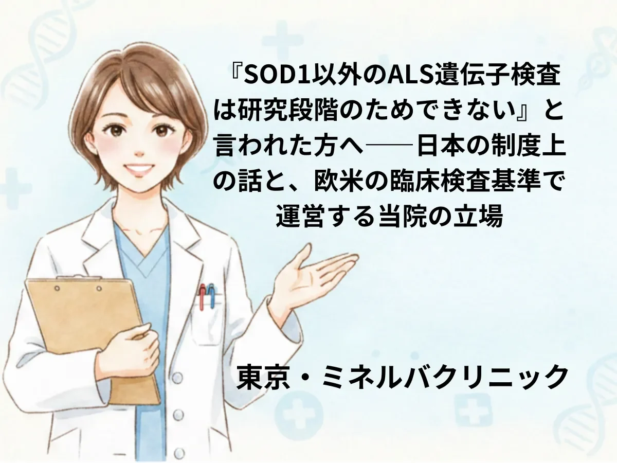 『SOD1以外のALS遺伝子検査は研究段階のためできない』と言われた方へ――日本の制度上の話と、欧米の臨床検査基準で運営する当院の立場
